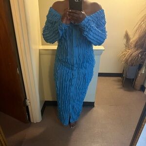 Blue Off-Shoulder Textured Dress